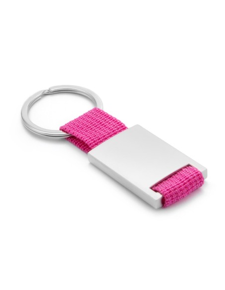 Llaveros personalizados de Metal y Poliéster en color Fucsia con grabación láser a 1 o 2 caras.