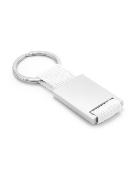 Llaveros personalizados de Metal y Poliéster en color Blanco con grabación láser a 1 o 2 caras.