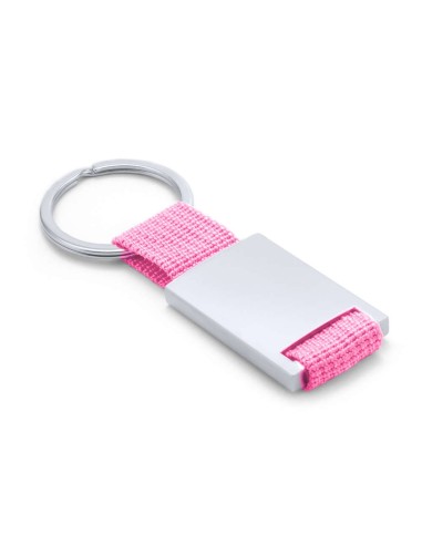 Llaveros personalizados de Metal y Poliéster en color Rosa con grabación láser a 1 o 2 caras.